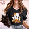 Cute Cat Autumn Leaves Pumpkin Happy Thanksgiving Cat Lover Shirt