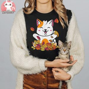 Cute Cat Autumn Leaves Pumpkin Happy Thanksgiving Cat Lover Shirt