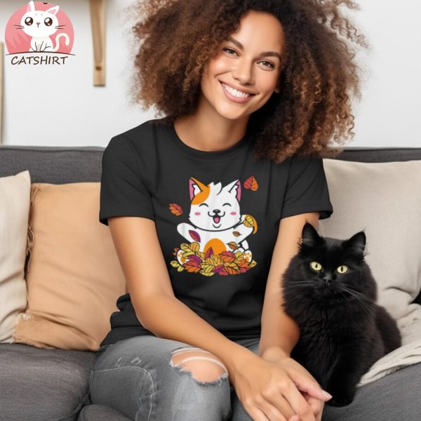 Cute Cat Autumn Leaves Pumpkin Happy Thanksgiving Cat Lover Shirt