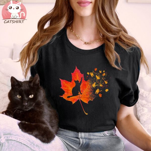 Cute Cat Thanksgiving Fall Leaves Autumn Lover Shirt