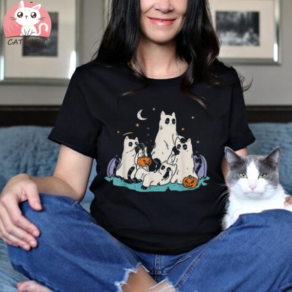 Cute Ghost Cats Cat Ghosts Funny Halloween Outfit Shirt