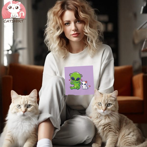 Cute Green Alien With Happy Kitty Shirt