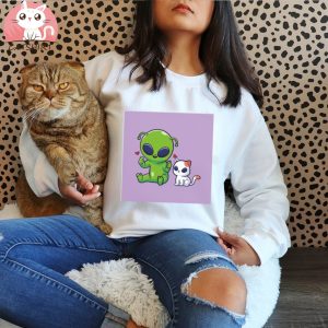 Cute Green Alien With Happy Kitty Shirt