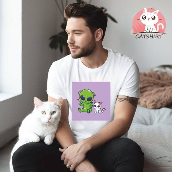 Cute Green Alien With Happy Kitty Shirt