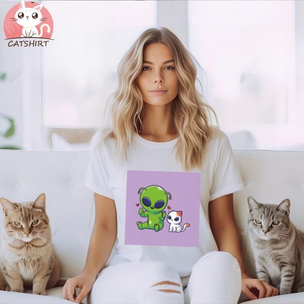 Cute Green Alien With Happy Kitty Shirt