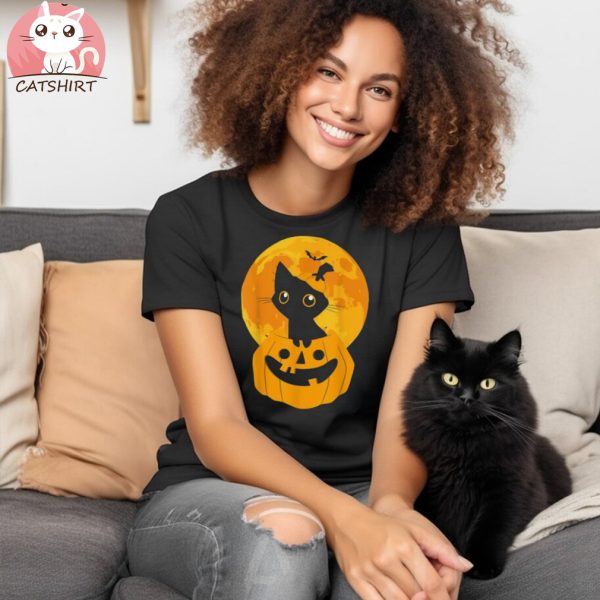 Cute Halloween Black Cat Witch Hat Pumpkin For Kids Girls Shirt