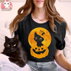 Cute Halloween Black Cat Witch Hat Pumpkin For Kids Girls Shirt