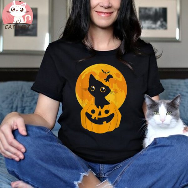 Cute Halloween Black Cat Witch Hat Pumpkin For Kids Girls Shirt