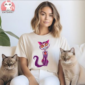 Cute Sugar Skull Mexican Cat Halloween Dia De Los Muertos Shirt