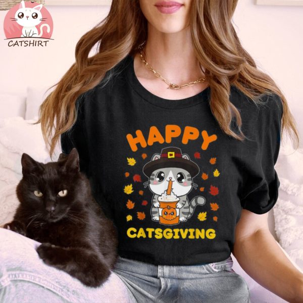 Cute Thanksgiving Cat Pilgrim Kawaii Drinking Pumpkin Spice Shirt