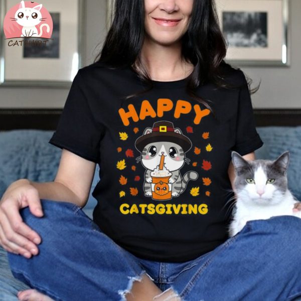 Cute Thanksgiving Cat Pilgrim Kawaii Drinking Pumpkin Spice Shirt