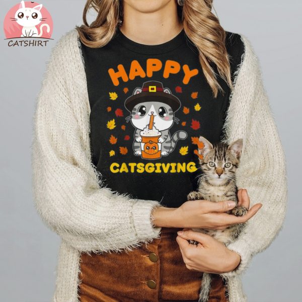 Cute Thanksgiving Cat Pilgrim Kawaii Drinking Pumpkin Spice Shirt