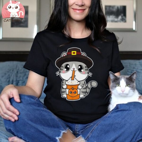 Cute Thanksgiving Pilgrim Kawaii Cat Drinking Pumpkin Spice Shirt