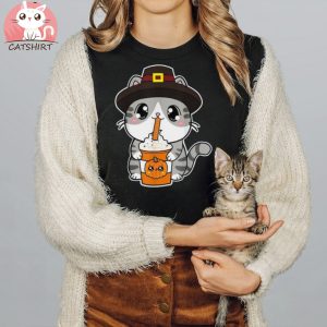 Cute Thanksgiving Pilgrim Kawaii Cat Drinking Pumpkin Spice Shirt