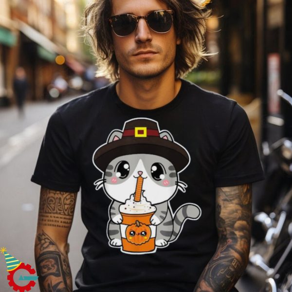 Cute Thanksgiving Pilgrim Kawaii Cat Drinking Pumpkin Spice Shirt