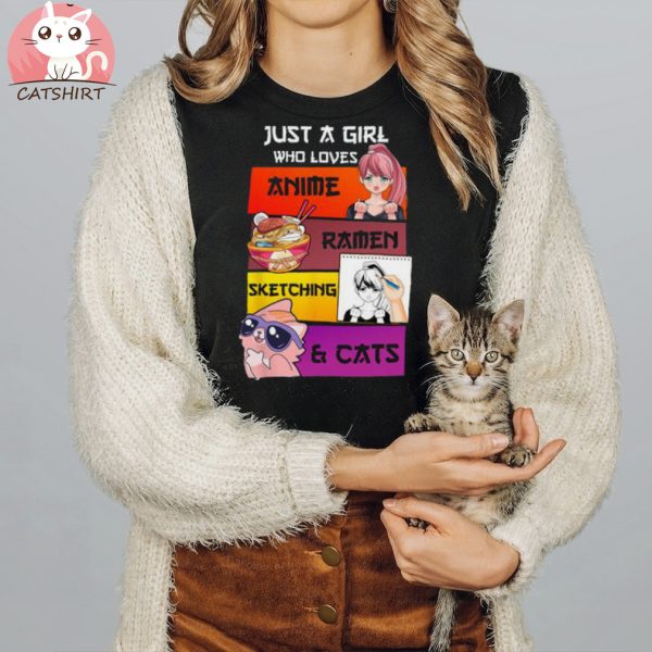 Discount Just A Girl Who Loves Ramen Cat Anime Sketching Vintage T shirt