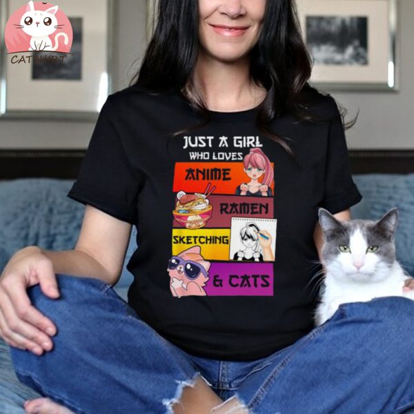 Discount Just A Girl Who Loves Ramen Cat Anime Sketching Vintage T shirt