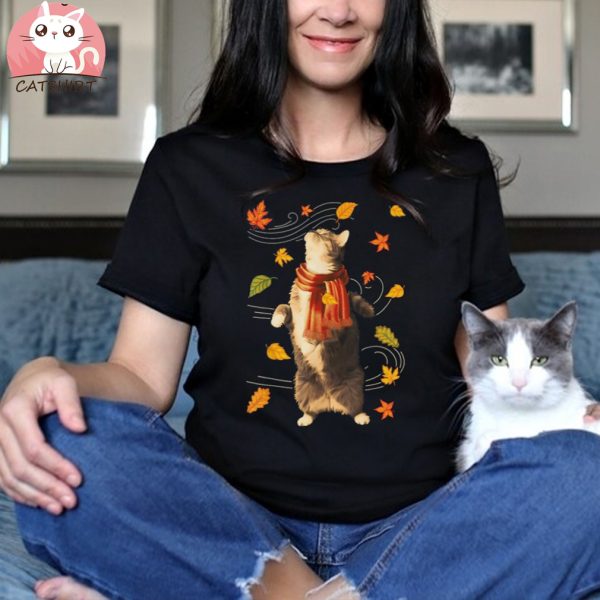 Fall Season Cat Kitten Autumn Leaves Thanksgiving Cats Lover Shirt