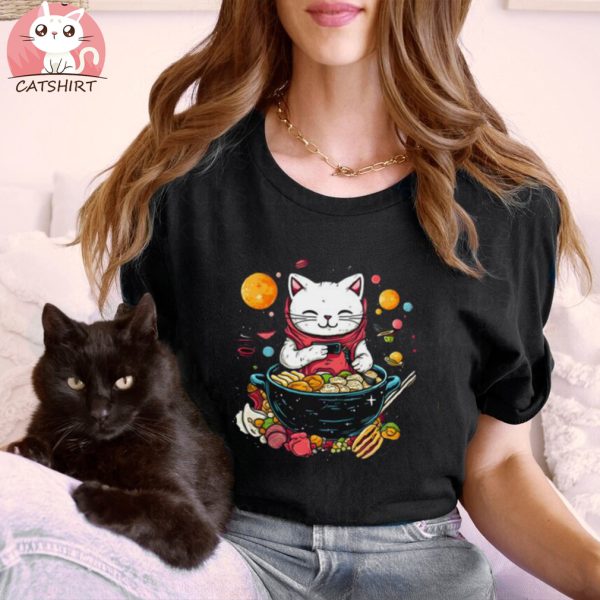 Funny Astronaut Cute Cat With Ramen In Space Anime Special T shirt