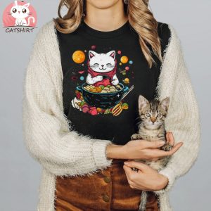 Funny Astronaut Cute Cat With Ramen In Space Anime Special T shirt