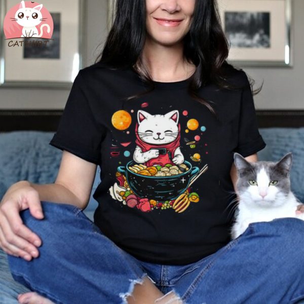 Funny Astronaut Cute Cat With Ramen In Space Anime Special T shirt