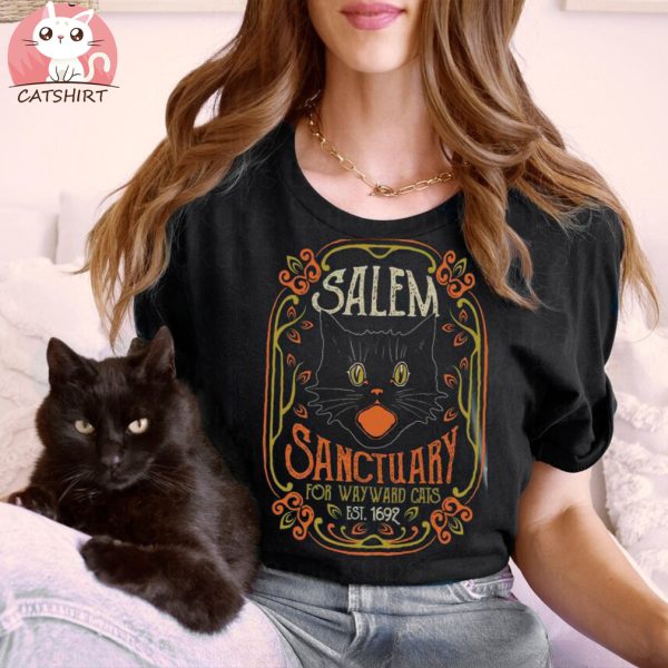 Funny Black Cat Witch Salem Home For Wayward Cats 1692 Halloween Shirt