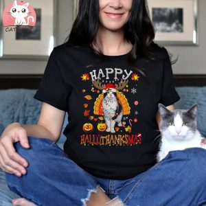 Funny Cat Happy Hallothanksmas Halloween Thanksgiving Xmas Unisex Shirt