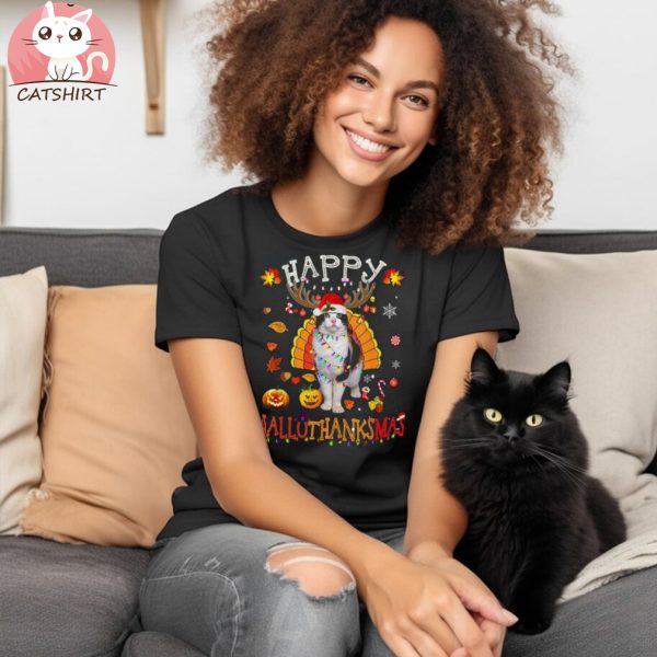 Funny Cat Happy Hallothanksmas Halloween Thanksgiving Xmas Unisex Shirt