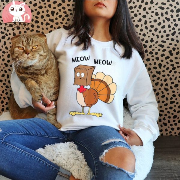 Funny Fake Cat Meow Turkey Thanksgiving Cat Love Fall Y’all Shirt