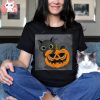 Funny Halloween Black Cat Witch On Pumpkin T Shirt