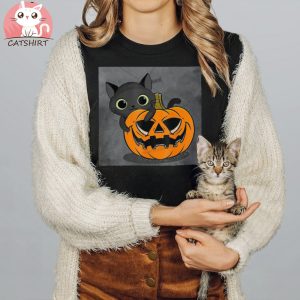 Funny Halloween Black Cat Witch On Pumpkin T Shirt