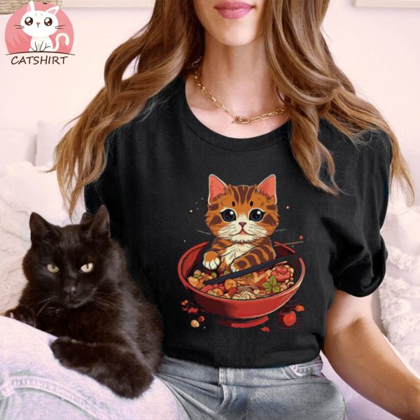 Funny Kawaii Neko Cat Ramen Bowl Anime Japanese Noodles Udon Sushi Casual T shirt