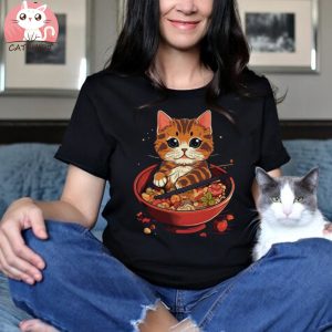 Funny Kawaii Neko Cat Ramen Bowl Anime Japanese Noodles Udon Sushi Casual T shirt