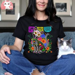 Funny Sugar Skull Calavera Cat Dia De Muertos Halloween Day Shirt