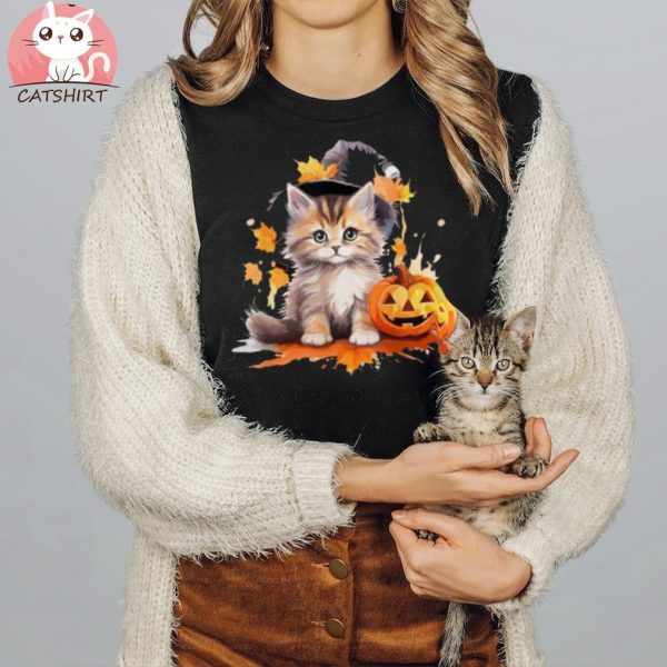 Halloween Black Cat Witch Hat Pumpkin For Kids Girls Shirt