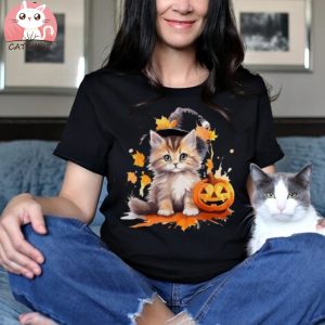 Halloween Black Cat Witch Hat Pumpkin For Kids Girls Shirt