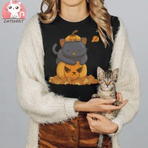 Halloween Black Cat on Pumpkin Cute Fall Shirt