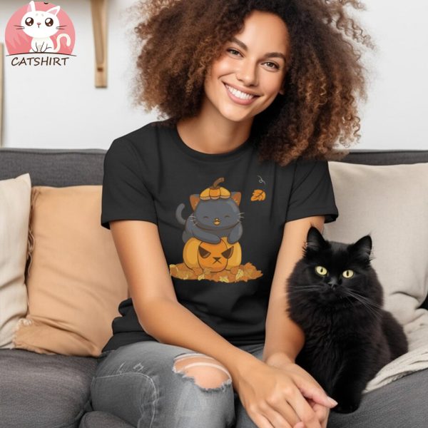 Halloween Black Cat on Pumpkin Cute Fall Shirt