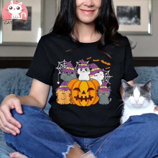 Halloween Cats Anime Cat Kawaii Neko Pumpkin Cat Lover Witch Shirt