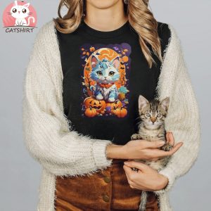 Halloween Pumpkin Spooky Cat Funny Cute Cat Vintage Retro Unisex Shirt