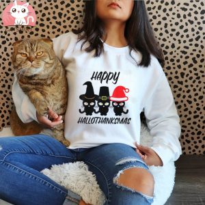 Happy Hallothanksmas Cats Halloween Thanksgiving Christmas Shirt