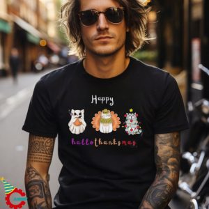 Happy Hallothanksmas Cats Halloween Thanksgiving Christmas Unisex Shirt