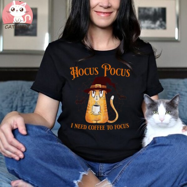 Hocus Pocus I Need Coffee To Focus Teacher Halloween Cat Shirt