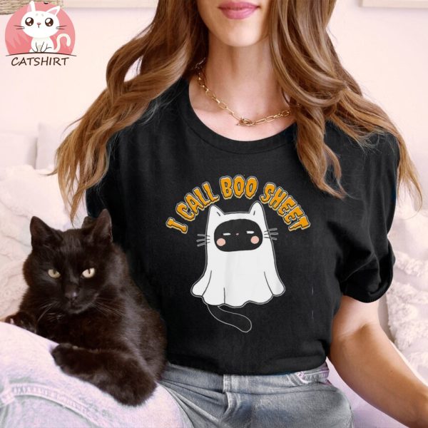 I Call Boo Sheet Black Cat Halloween Ghost Funny Pun Shirt