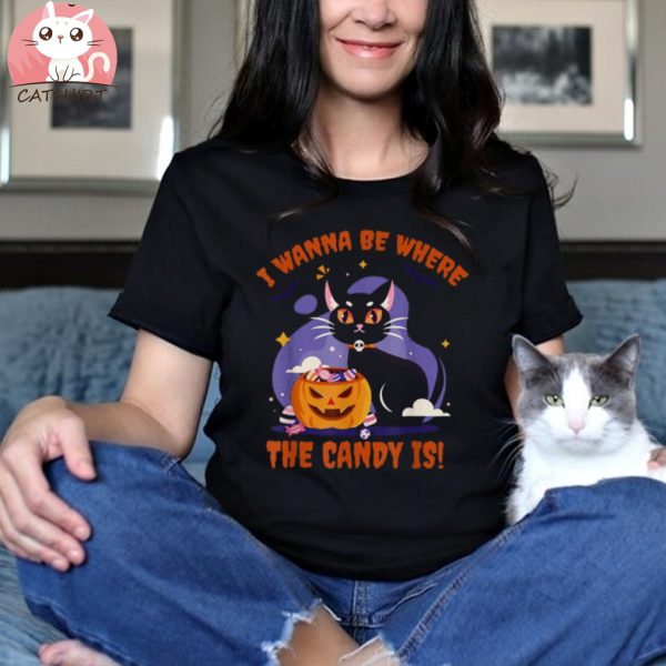 I Wanna Be Where The Candy I Black Kawaii Cat Shirt