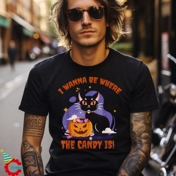 I Wanna Be Where The Candy I Black Kawaii Cat Shirt