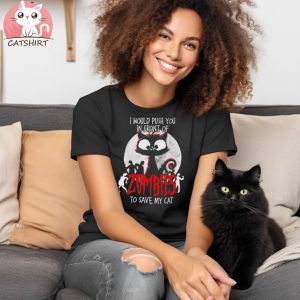 I would push you zombies cats zombie cat cute black cat halloween shirt