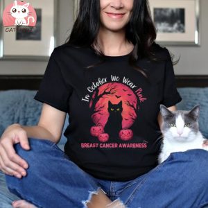 In October We Wear Pink Black Cat Breast Cancer Halloween Shirt