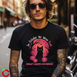 In October We Wear Pink Black Cat Breast Cancer Halloween Shirt