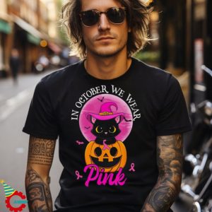 In October We Wear Pink Witch Cat Halloween Breast Cancer Shirt